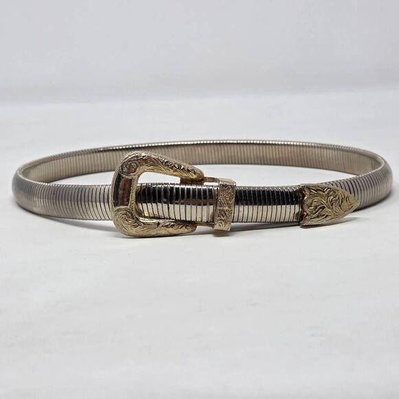 ACCESSOCRAFT NYC VINTAGE SILVER TOOLED TONE WOMENS STRETCH BELT 22" LONG - Picture 1 of 6